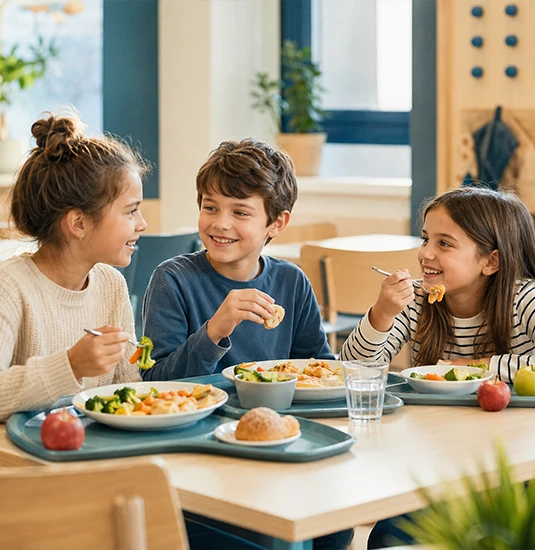 Iskolás gyerekek közös étkezés közben beszélgetnek
